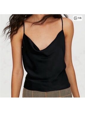 Satin babaton Cowl Neck Spaghetti Strap Tank Top - Black